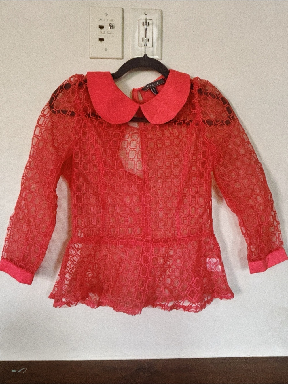 Gracia Red Lace Peplum Blouse with Peter Pan Collar